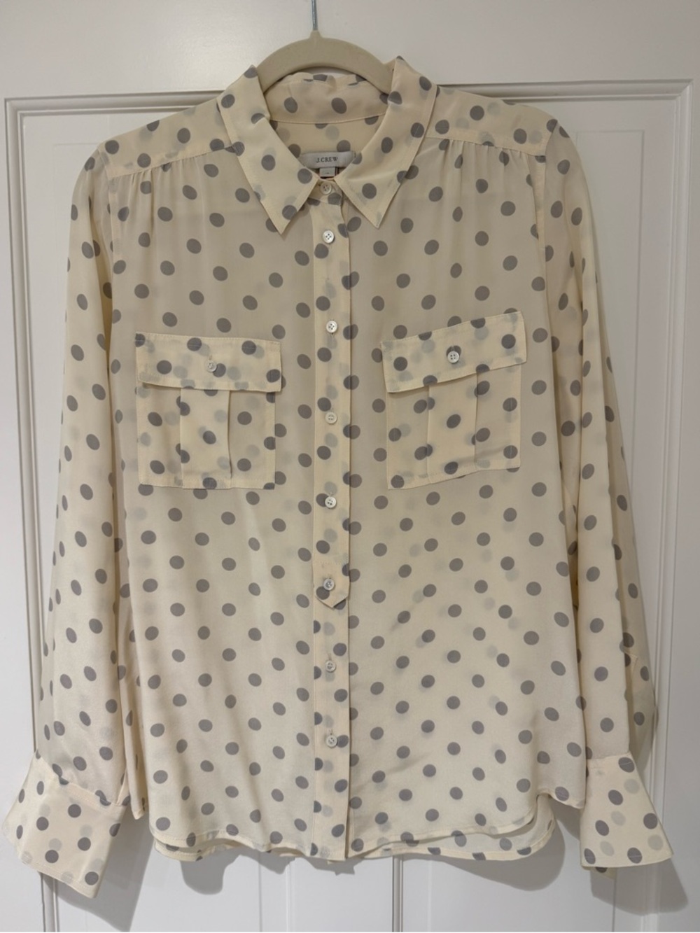 J. Crew Cream Button-Down Blouse with Gray Polka Dots
